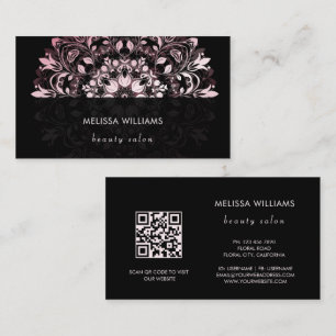 QR-Code Rosa glänzendes schwarzes florales Manda Visitenkarte