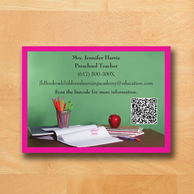 QR-Code Rosa Grundschule Vorschullehrer  Visitenkarte (Pink Business Card for Teacher )