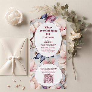 QR-Code Rosa Magnolien Blumen Hochzeit All In One Einladung