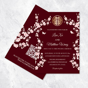 QR-Code Rosa Oriental Blüten Chinesische Hochzeit Einladung