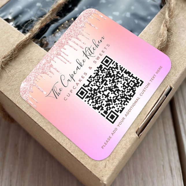 QR-Code Rosa Rose Glitzer Tropfen Rainbow Ombre Na Quadratischer Aufkleber (Von Creator hochgeladen)