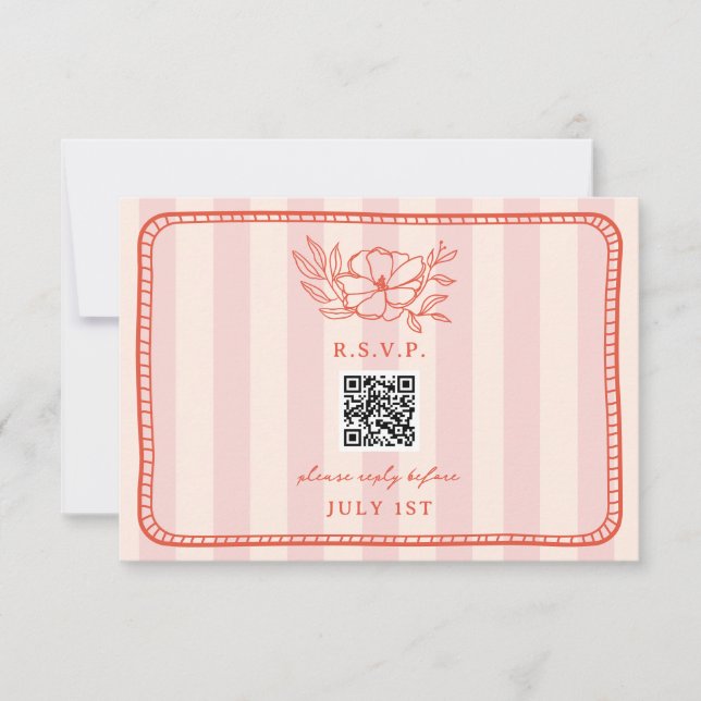 QR Code Rosa Streifen Blumenzange QR UAWG RSVP Karte (Vorderseite)