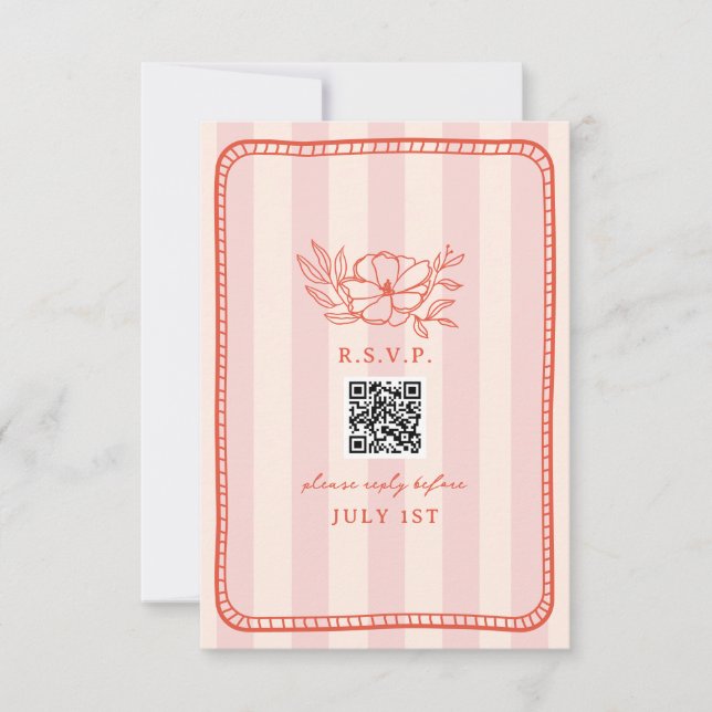 QR Code Rosa Streifen Blumenzange QR UAWG RSVP Karte (Vorderseite)