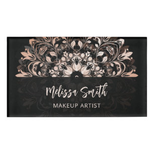 QR-Code Rose Gold Black Floral Mandala Namenschild