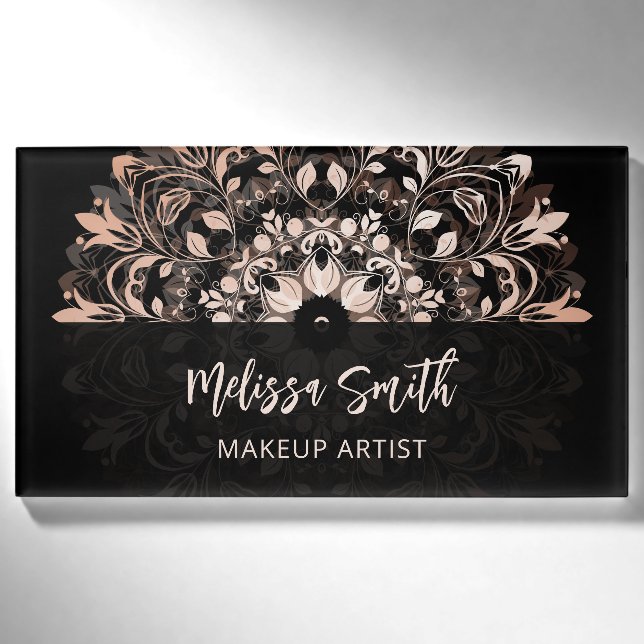 QR-Code | Rose Gold Black Floral Mandala Namenschild (Vorderseite)