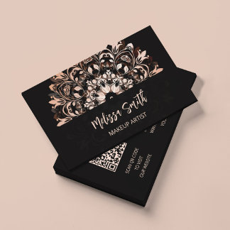 QR-Code | Rose Gold Black Floral Mandala Visitenkarte