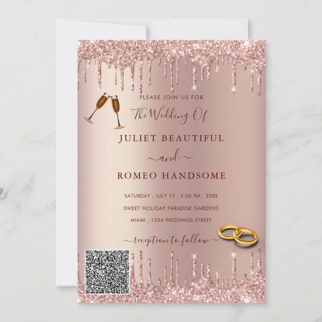 QR Code Rose Gold Blush Tropfen Hochzeit Einladung (Vorderseite)