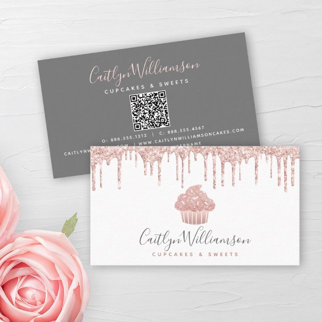 QR Code Rose Gold Cupcake Glitzer Tropfen Bäckerei Visitenkarte (Von Creator hochgeladen)