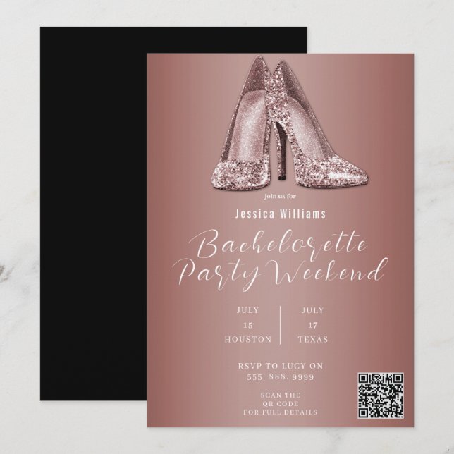 QR CODE Rose Gold Glitzer Shoes Bachelorette Einladung (Vorne/Hinten)
