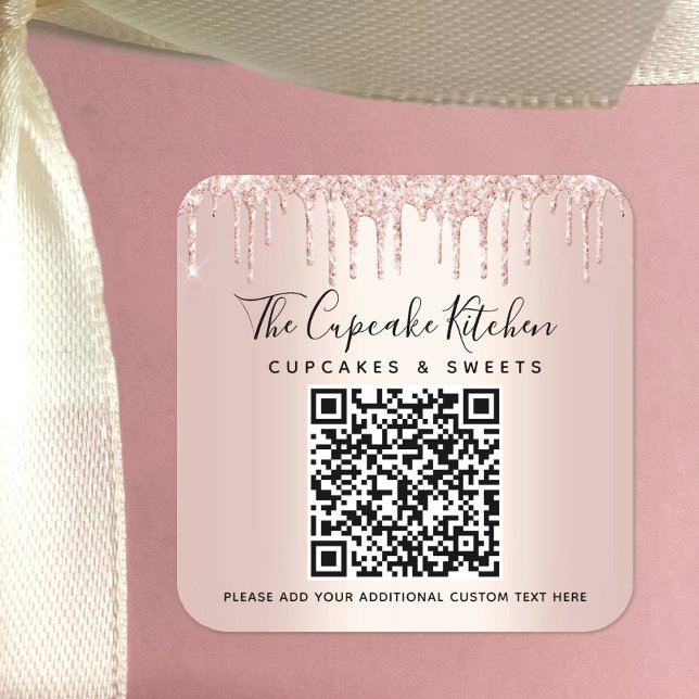 QR-Code Rose Gold Glitzer Tropfen Firmenname Quadratischer Aufkleber (Von Creator hochgeladen)