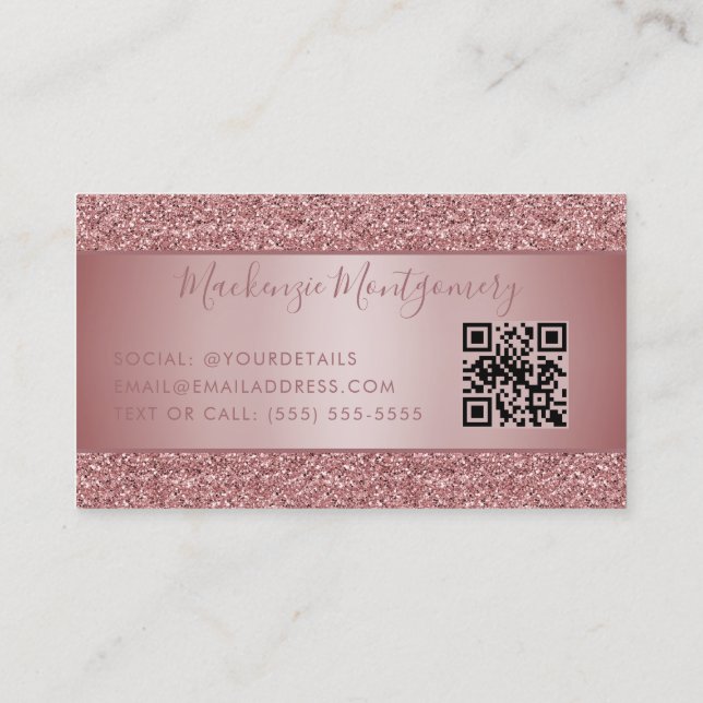 QR Code Rose Gold Sparkle Glitzer Tropfen Luxus Visitenkarte (Rückseite)