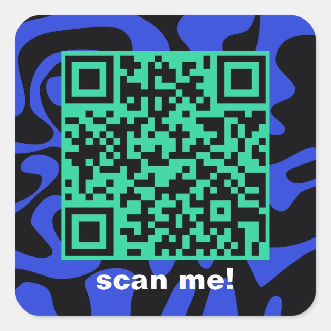 QR Code Royal Blue Aquamarin Black Groovy Squiggle Quadratischer Aufkleber (Vorderseite)