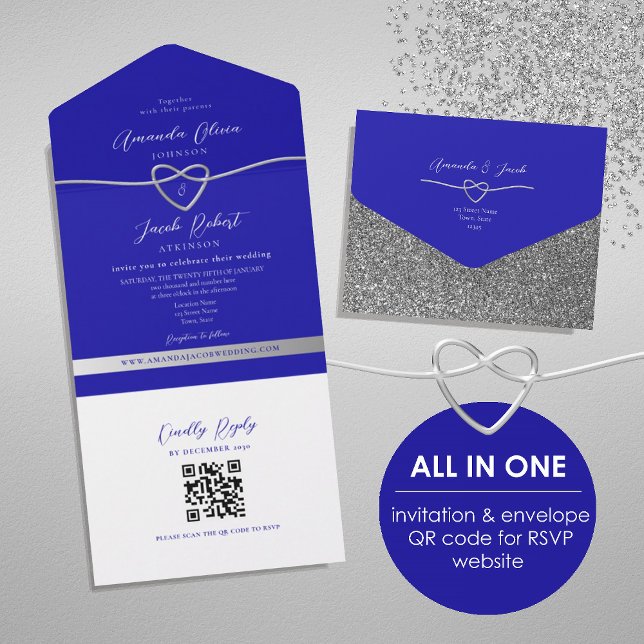 QR Code Royal Blue Silver Glitzer Wedding All In One Einladung (Von Creator hochgeladen)