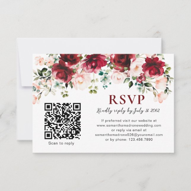 QR Code RSVP Card Burgundy Blush Floral Wedding Karte (Vorderseite)