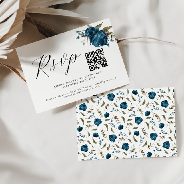 QR-Code RSVP-Karte für Hochzeiten von Navy Blue Fl RSVP Karte (Von Creator hochgeladen)