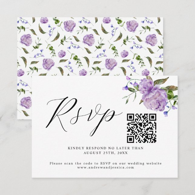 QR-Code-RSVP-Karte für lila Blumenhochzeiten RSVP Karte (Vorne/Hinten)