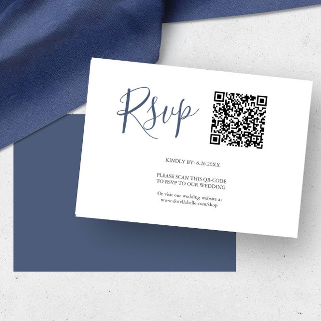 QR-Code-RSVP-Karten Navyblau RSVP Karte (QR code rsvp cards navy blue by Victoria Grigaliunas of Do Tell A Belle)