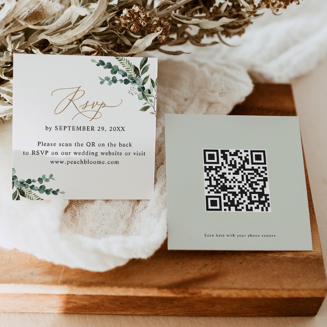 QR Code Rustic Greenerity Gold Wedding Rsvp Card Quadratische Visitenkarte (Von Creator hochgeladen)