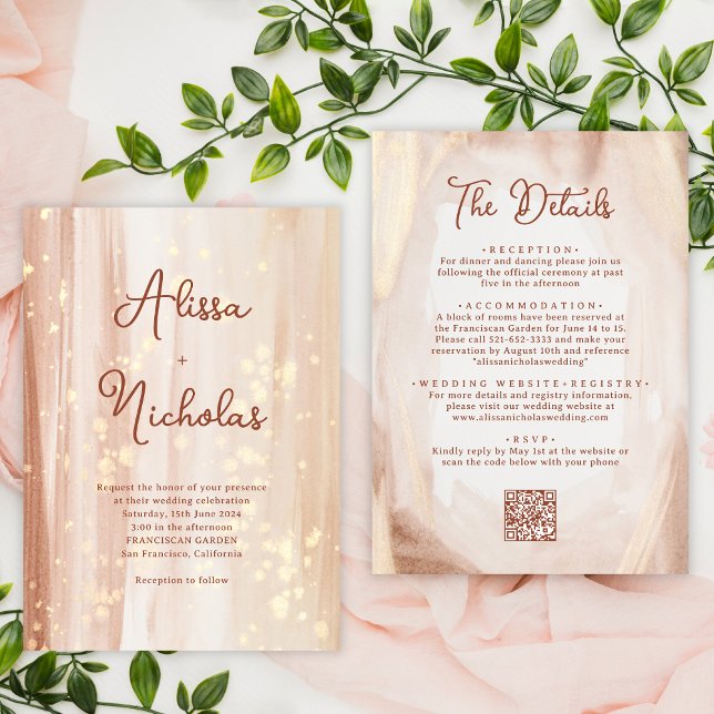 QR Code Rustic Terracotta Gold Wasserfarbenhochzei Einladung (Von Creator hochgeladen)