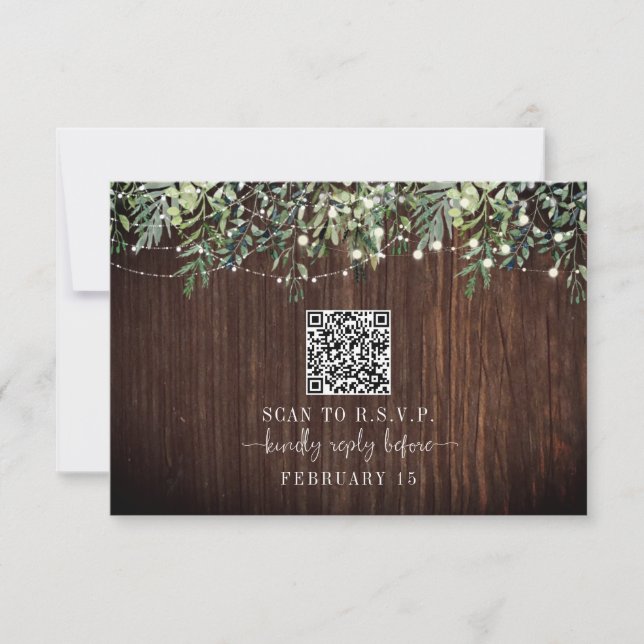 QR Code Rustic Wood Botanical Wedding RSVP Karte (Vorderseite)