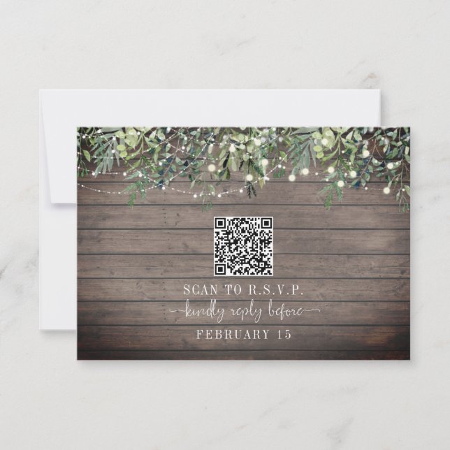 QR Code Rustic Wood Plank Botanical Wedding RSVP Karte (Vorderseite)