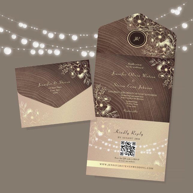 QR Code Rustic Wood Rose Gold Wedding All In One Einladung (Von Creator hochgeladen)