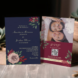 QR-Code Rustikal Navy Burgund Hochzeit Einladung