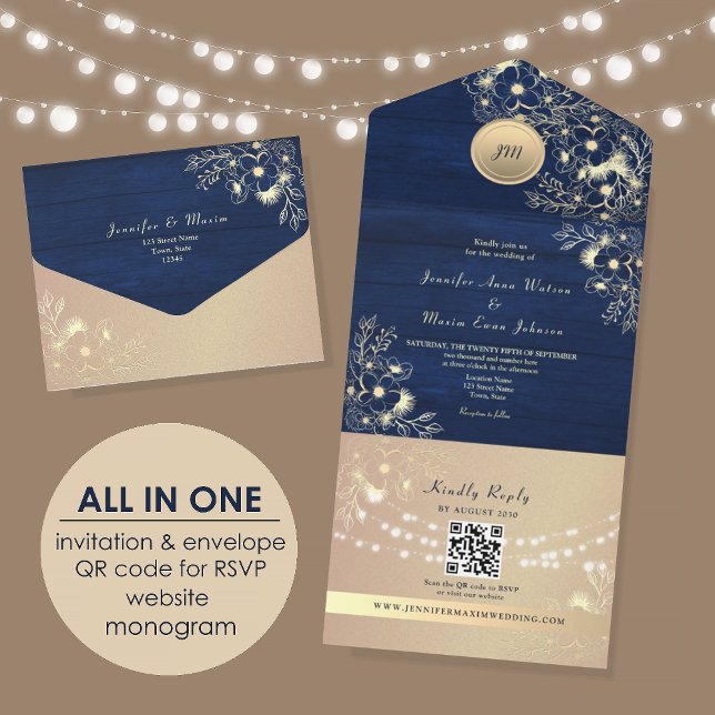 QR-Code Rustikal Navy Roségold Hochzeit All In One Einladung (Von Creator hochgeladen)