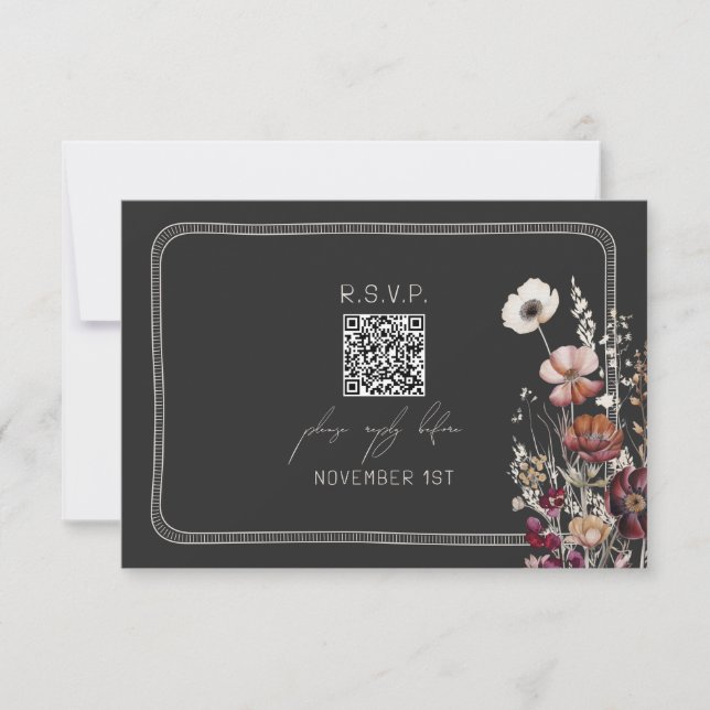 QR-Code Rustikaler Anemone Bloral Gray Wedding RSV RSVP Karte (Vorderseite)