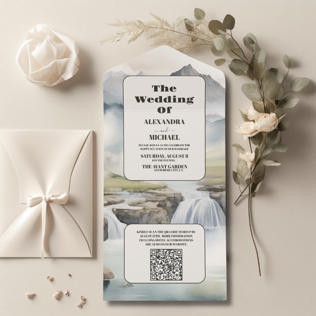 QR Code Rustikales Gebirgswasser Boho Hochzeit All In One Einladung (Von Creator hochgeladen)