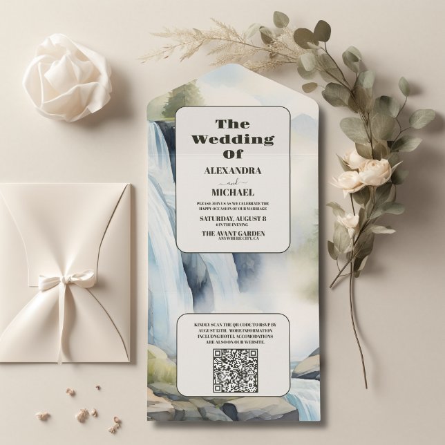 QR Code Rustikales Gebirgswasser Boho Hochzeit All In One Einladung (Von Creator hochgeladen)