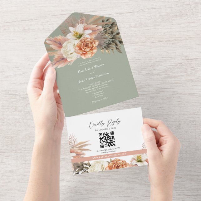 QR Code Sage Green Floral Wedding All In One Einladung (Abreißen)
