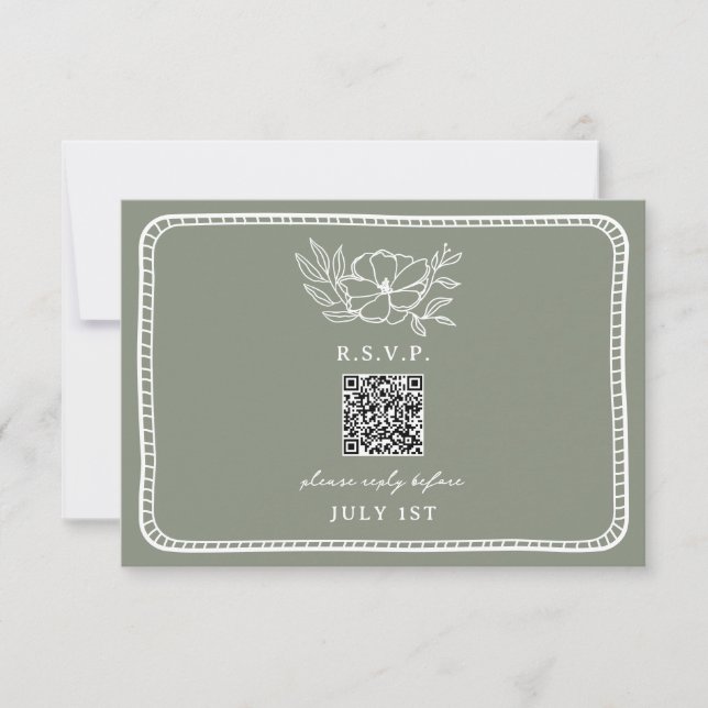 QR Code Sage Green Floral Wedding QR UAWG RSVP Karte (Vorderseite)