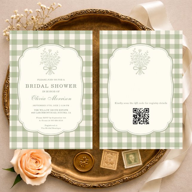 QR Code Sage Green Gingham Floral Bridal Shower Einladung (Von Creator hochgeladen)