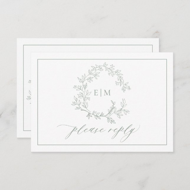 QR-Code Sage Green Leafy Wappen Monogram Wedding RSVP Karte (Vorne/Hinten)