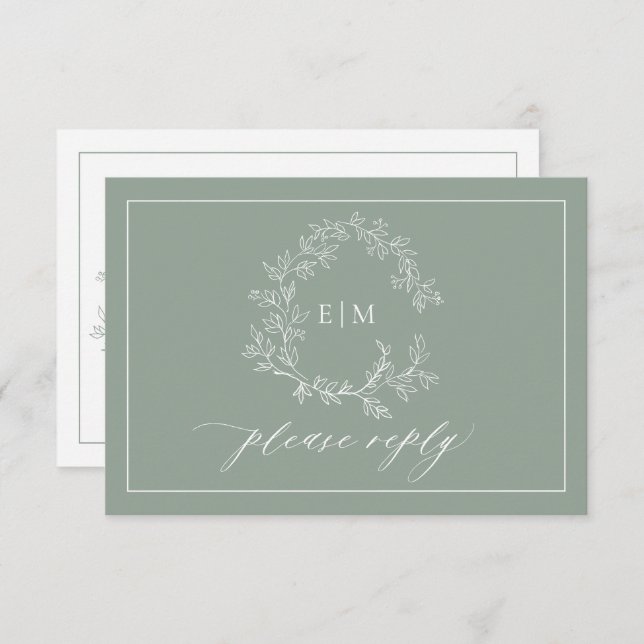 QR-Code Sage Green Leafy Wappen Monogram Wedding RSVP Karte (Vorne/Hinten)