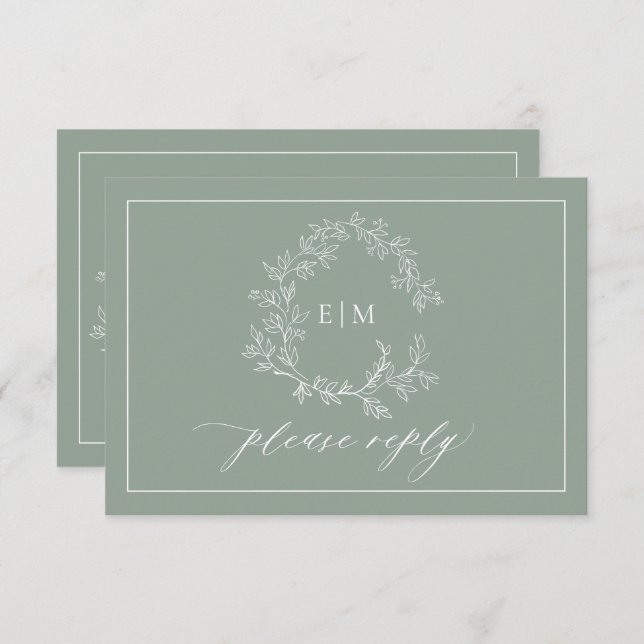 QR-Code Sage Green Leafy Wappen Monogram Wedding RSVP Karte (Vorne/Hinten)