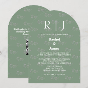 QR Code Sage Green Monogram Leaf Patterns Hochzeit Einladung