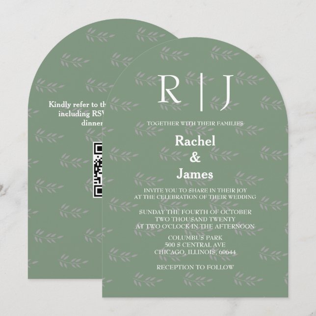 QR Code Sage Green Monogram Leaf Patterns Hochzeit Einladung (Vorne/Hinten)