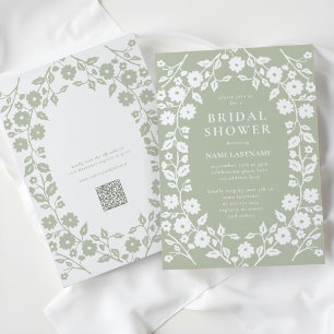QR Code Sage Green White Folk Floral Brautparty Einladung
