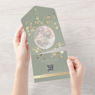 QR-Code Sage Grün Gold Florale Hochzeit All In One Einladung