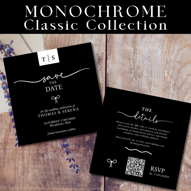 QR-Code Save the Date Schwarz-weißer Kurvenbogen Mitteilungskarte (Von Creator hochgeladen)