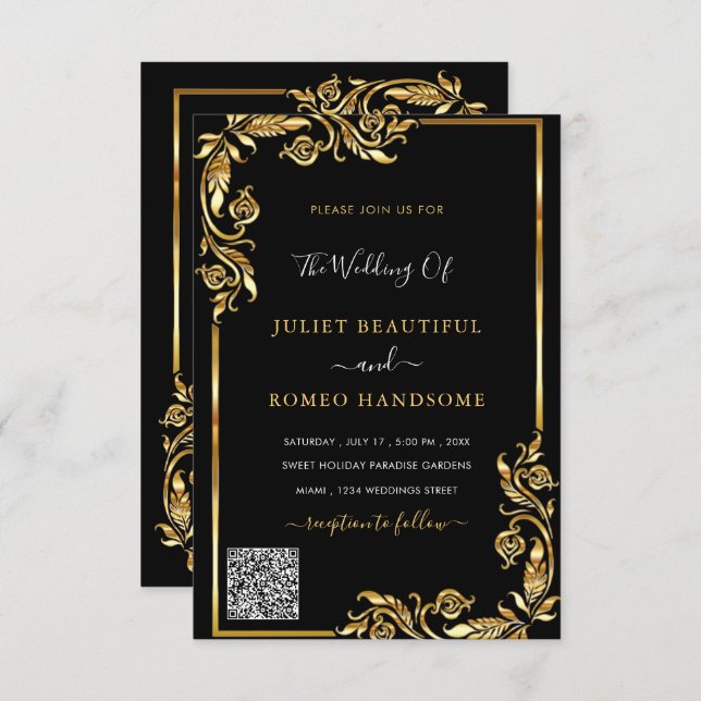 QR Code Scan Info Black Gold Wedding Einladung (Vorne/Hinten)