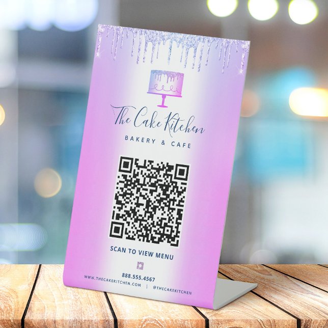 QR-Code-Scan-Menü Lila Cake Glitzer Tropfen Sockelschild (Von Creator hochgeladen)