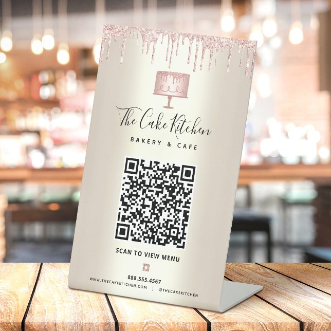 QR Code Scan Menü Rosa Kuchen Glitzer Gold Sockelschild (Von Creator hochgeladen)