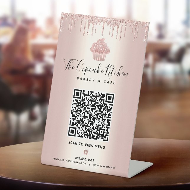 QR Code Scan Menü Rose Gold Cupcake Glitzer Bäcker Sockelschild (Von Creator hochgeladen)