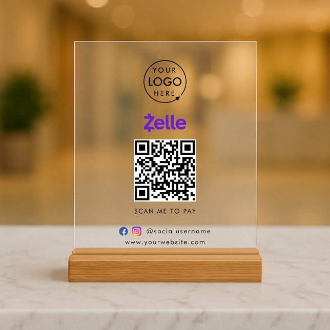 QR-Code | Scan to Pay Business Logo Acrylschild (Interactive "scan to pay” QR code cash wrap acrylic sign for collecting digital payment by Zelle.)