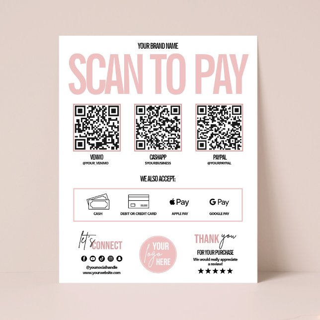 QR Code Scan to Pay Payment Zeichen Venmo, Cashapp Poster (QR code scan to pay business payment sign, Venmo payment sign)