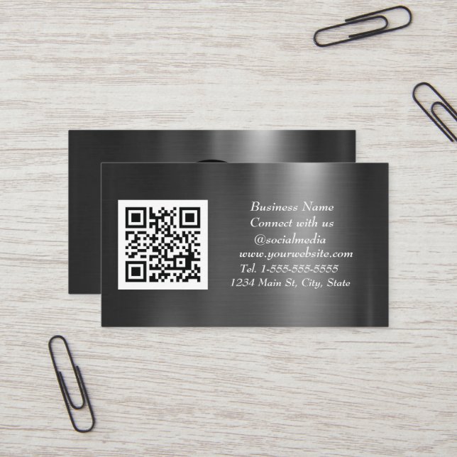 QR Code Scannable Black Metallic Visitenkarte (Vorderseite/Rückseite Beispiel)
