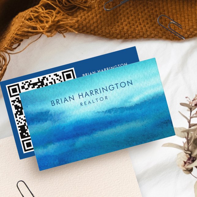 QR Code Scannable Blue Watercolor Coastal Trendy Visitenkarte (Von Creator hochgeladen)